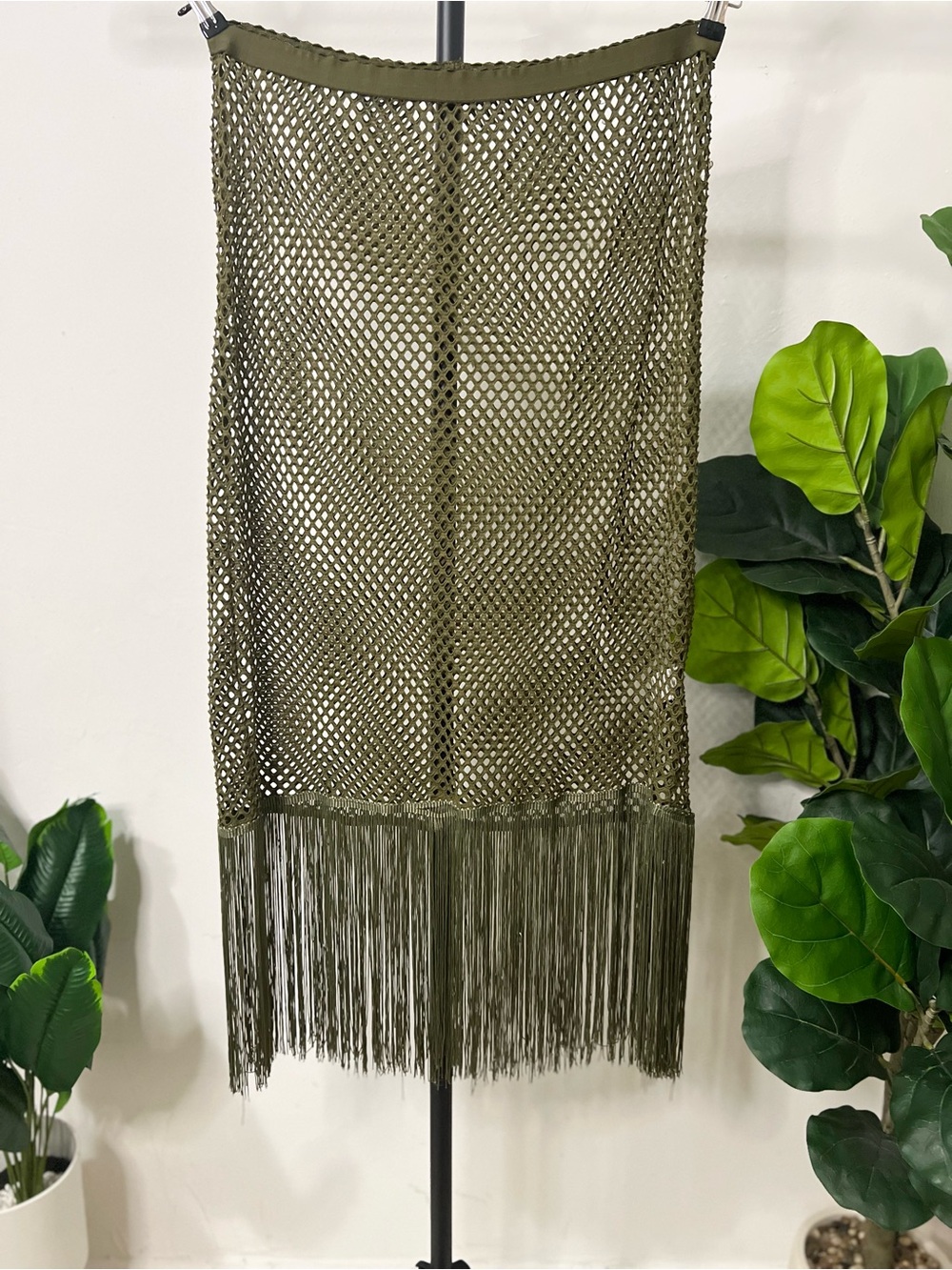 Musera 2XL Olive Green Mesh Fringe Maxi Skirt Boho Y2K Festival